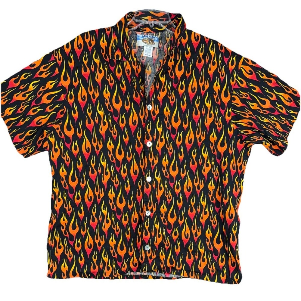 Matt Rider Laguna Beach FLAMES Hawaiian Shirt Button Up‎ Mens Size M Made In USA